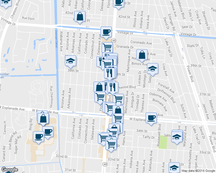 map of restaurants, bars, coffee shops, grocery stores, and more near 3701 Williams Boulevard in Kenner