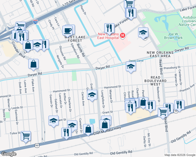 map of restaurants, bars, coffee shops, grocery stores, and more near 4918 Longfellow Drive in New Orleans