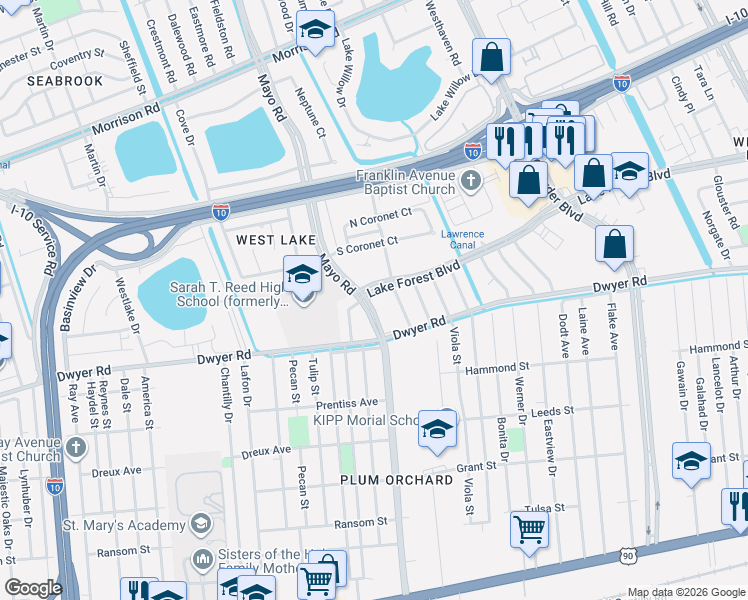 map of restaurants, bars, coffee shops, grocery stores, and more near 40732 Lake Forest Boulevard in New Orleans
