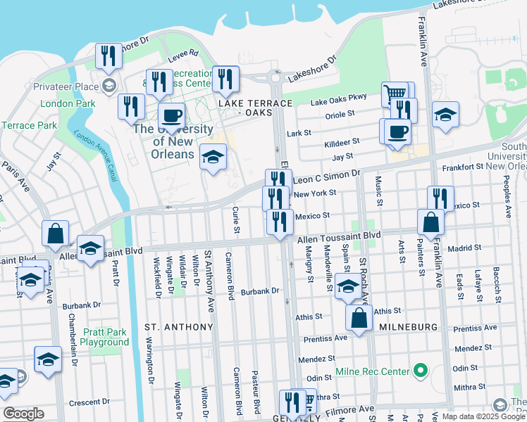 map of restaurants, bars, coffee shops, grocery stores, and more near 2100 Leon C Simon Drive in New Orleans