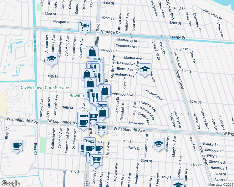 map of restaurants, bars, coffee shops, grocery stores, and more near 56 Antigua Drive in Kenner