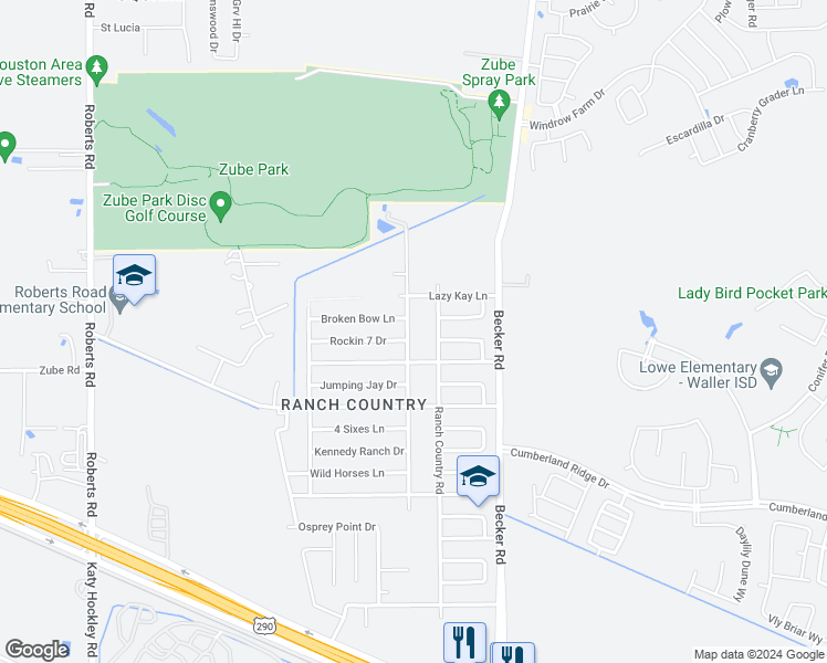 map of restaurants, bars, coffee shops, grocery stores, and more near 17622 Bullis Gap Drive in Hockley