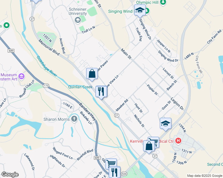 map of restaurants, bars, coffee shops, grocery stores, and more near 205 Meadow View Lane in Kerrville