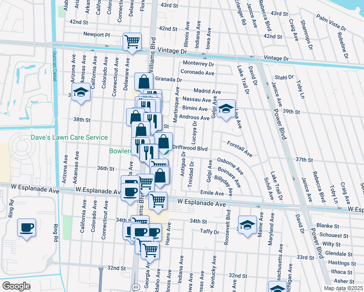 map of restaurants, bars, coffee shops, grocery stores, and more near 56 Antigua Drive in Kenner