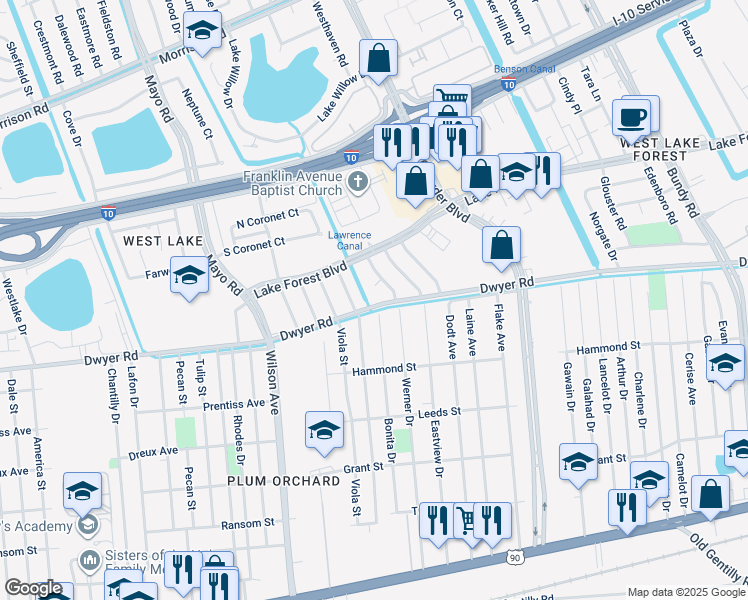 map of restaurants, bars, coffee shops, grocery stores, and more near 7901 Dwyer Road in New Orleans
