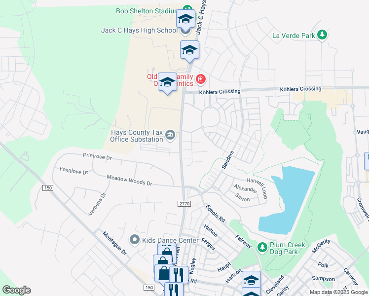 map of restaurants, bars, coffee shops, grocery stores, and more near 1020 Nevarez in Kyle