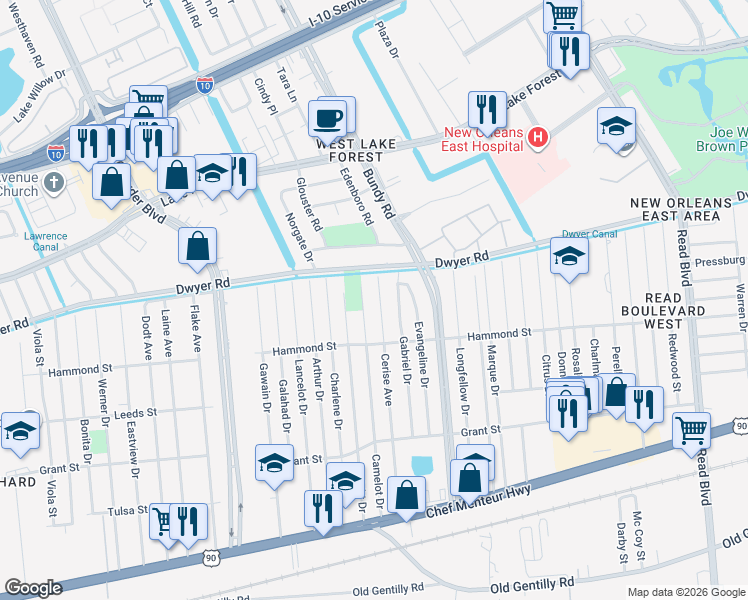 map of restaurants, bars, coffee shops, grocery stores, and more near 4894 Cerise Avenue in New Orleans
