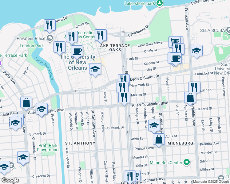 map of restaurants, bars, coffee shops, grocery stores, and more near 2100 Leon C Simon Drive in New Orleans
