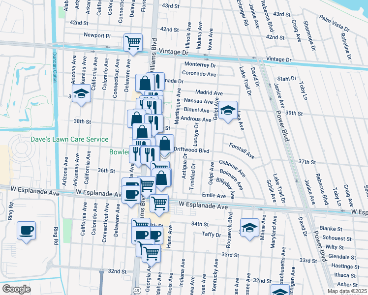 map of restaurants, bars, coffee shops, grocery stores, and more near 56 Antigua Drive in Kenner