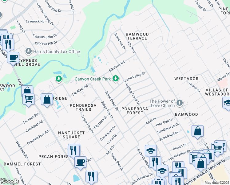 map of restaurants, bars, coffee shops, grocery stores, and more near 1619 Grand Valley Drive in Houston