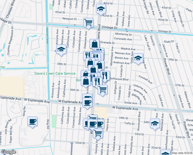 map of restaurants, bars, coffee shops, grocery stores, and more near 3712 Williams Boulevard in Kenner