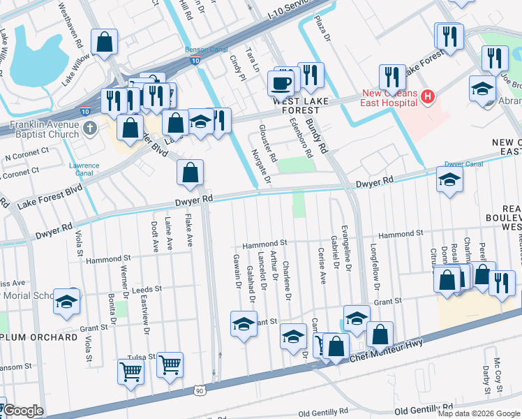 map of restaurants, bars, coffee shops, grocery stores, and more near 4934 Arthur Drive in New Orleans