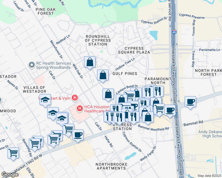 map of restaurants, bars, coffee shops, grocery stores, and more near 420 Lantern Bend Drive in Houston