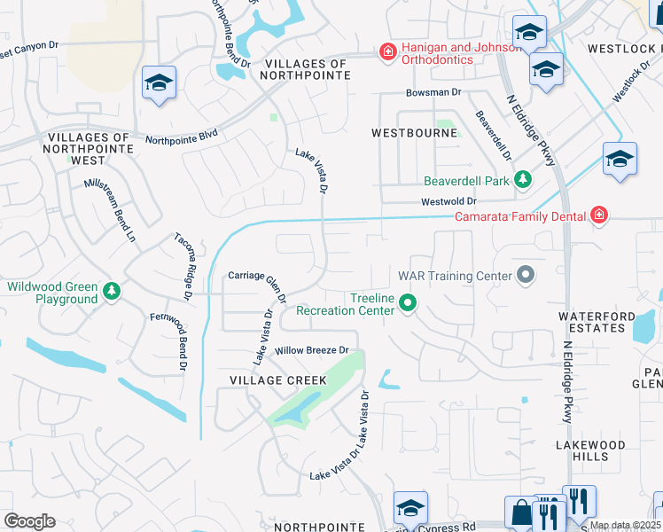 map of restaurants, bars, coffee shops, grocery stores, and more near 12619 Twin Flower Drive in Tomball