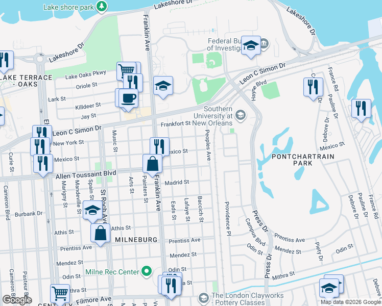 map of restaurants, bars, coffee shops, grocery stores, and more near 2707 Mexico Street in New Orleans