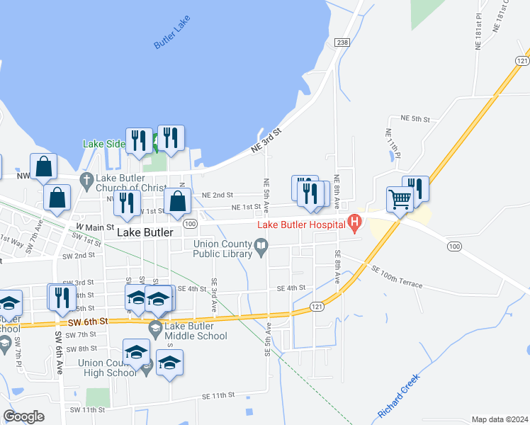 map of restaurants, bars, coffee shops, grocery stores, and more near 498 Northeast 1st Street in Lake Butler