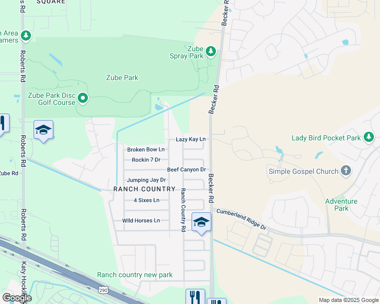 map of restaurants, bars, coffee shops, grocery stores, and more near 24026 Broken Bow Lane in Hockley