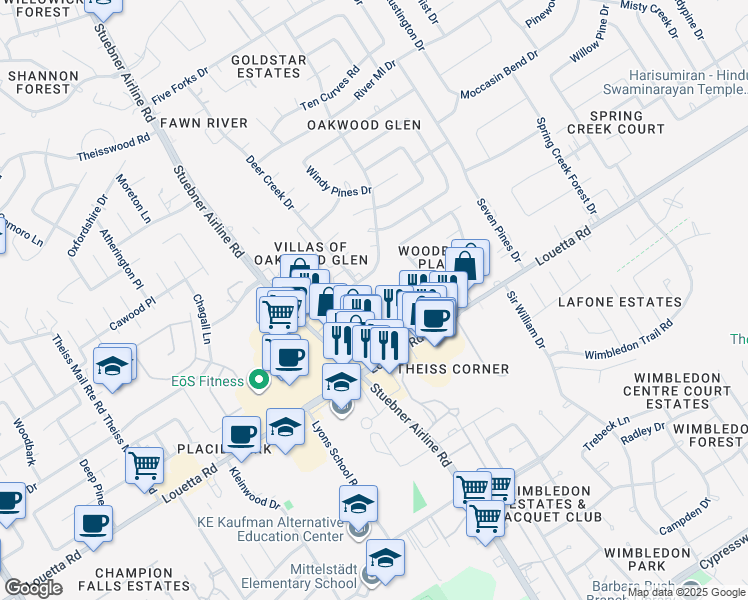 map of restaurants, bars, coffee shops, grocery stores, and more near 7203 Oakwood Glen Boulevard in Spring