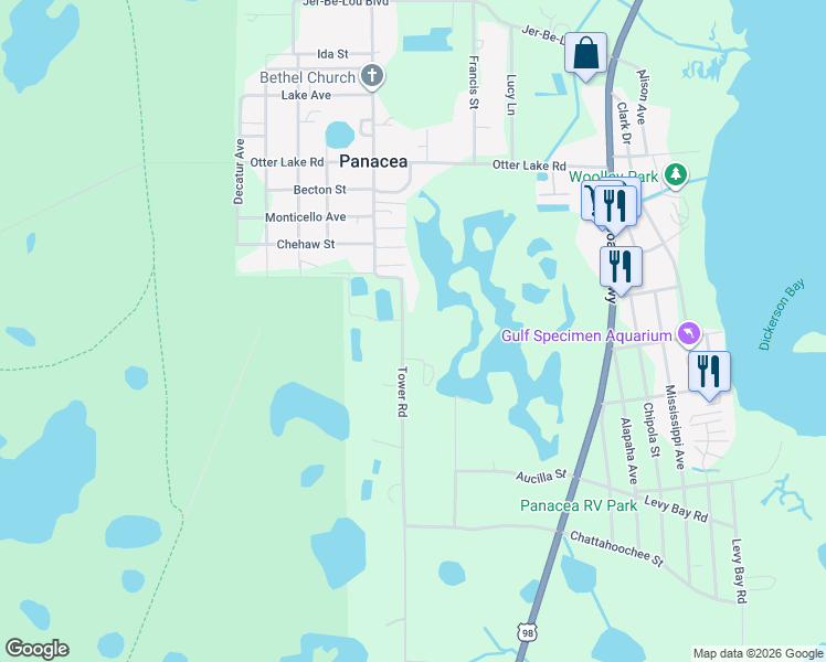 map of restaurants, bars, coffee shops, grocery stores, and more near Tower Road in Panacea