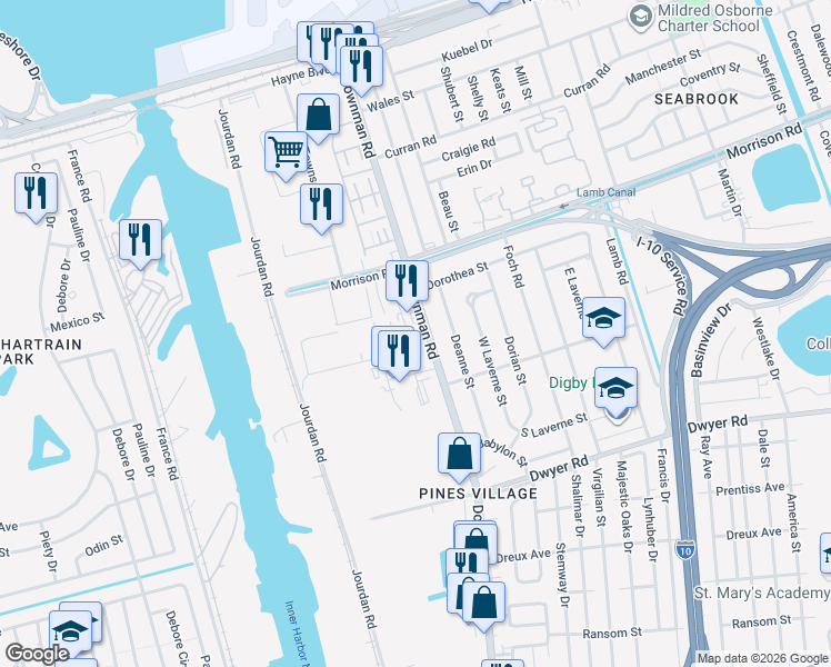 map of restaurants, bars, coffee shops, grocery stores, and more near 7118 Downman Road in New Orleans