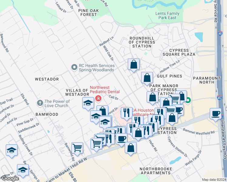 map of restaurants, bars, coffee shops, grocery stores, and more near 17611 Mossforest Drive in Houston