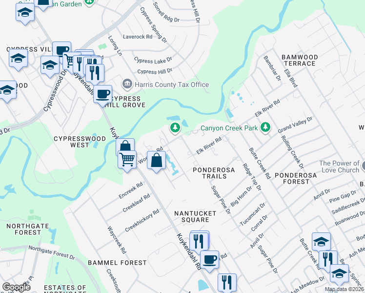 map of restaurants, bars, coffee shops, grocery stores, and more near 18011 Sugar Pine Drive in Houston
