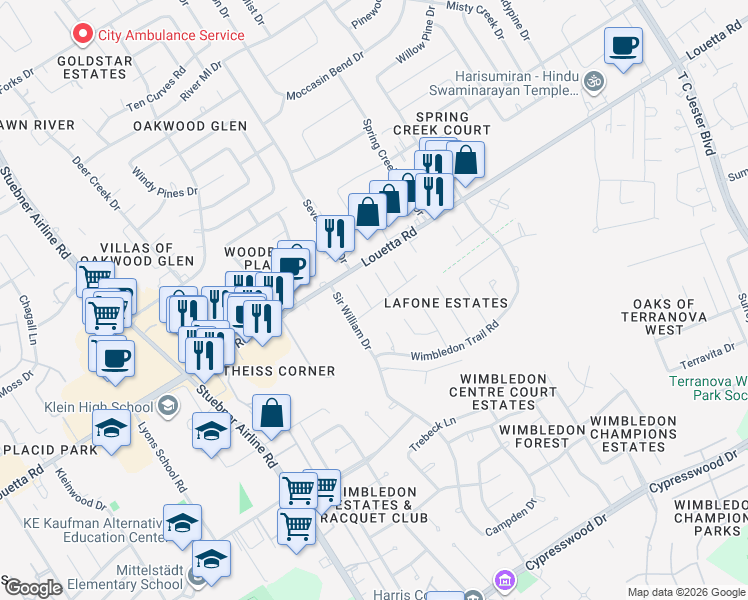 map of restaurants, bars, coffee shops, grocery stores, and more near 16703 Halkin Court in Spring