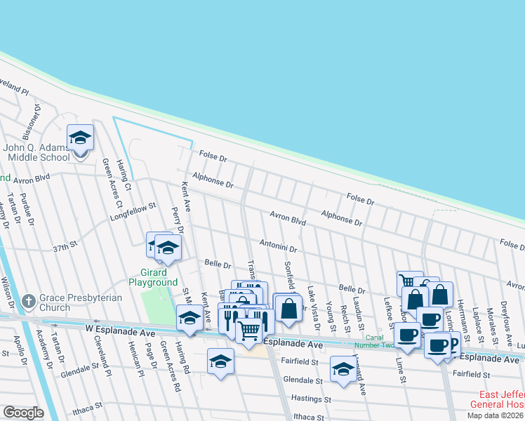 map of restaurants, bars, coffee shops, grocery stores, and more near 4961 Avron Boulevard in Metairie