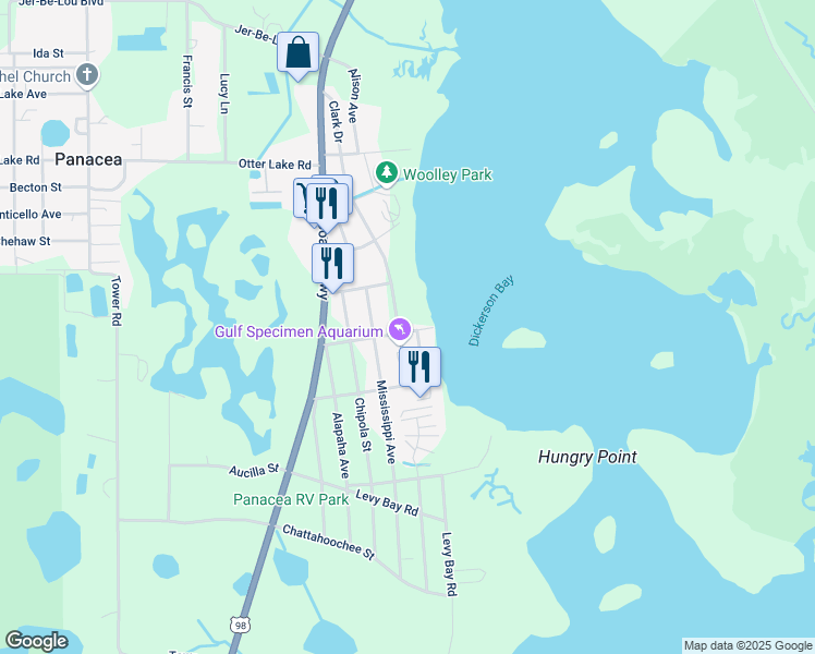 map of restaurants, bars, coffee shops, grocery stores, and more near 211 Clark Drive in Panacea
