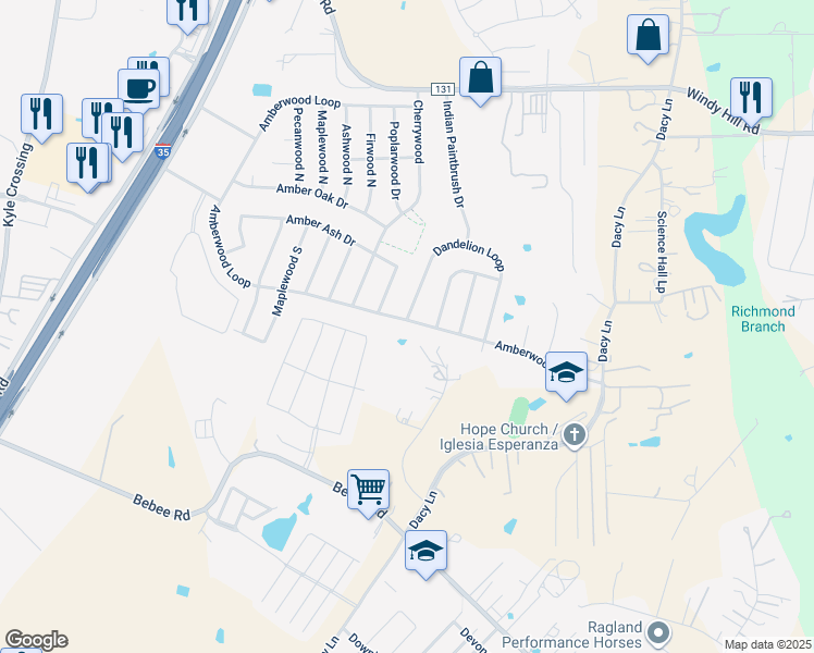 map of restaurants, bars, coffee shops, grocery stores, and more near 1329 Amberwood Loop in Kyle