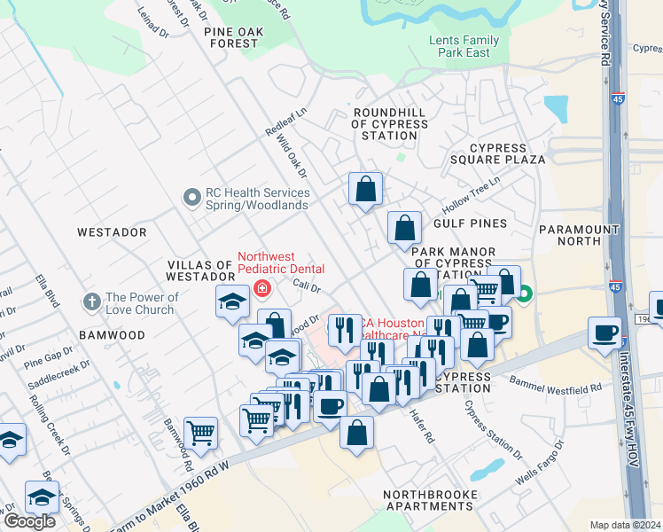 map of restaurants, bars, coffee shops, grocery stores, and more near 17611 Mossforest Drive in Houston