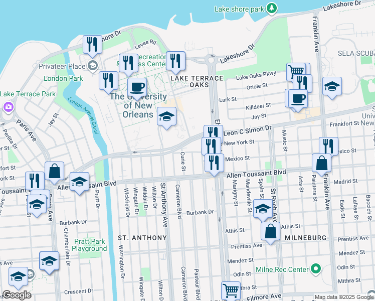 map of restaurants, bars, coffee shops, grocery stores, and more near 2100 Leon C Simon Drive in New Orleans