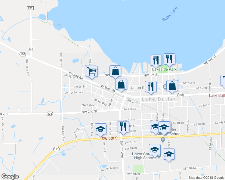 map of restaurants, bars, coffee shops, grocery stores, and more near 683 West Main Street in Lake Butler