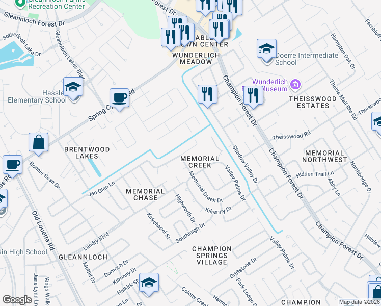 map of restaurants, bars, coffee shops, grocery stores, and more near 8819 Edenbridge Street in Spring
