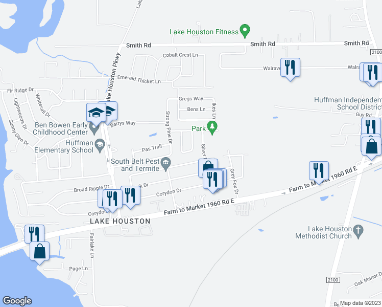 map of restaurants, bars, coffee shops, grocery stores, and more near 24830 Broad Pine Drive in Huffman