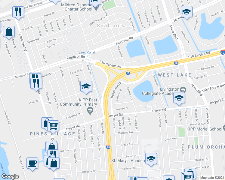 map of restaurants, bars, coffee shops, grocery stores, and more near 5172 Basinview Drive in New Orleans