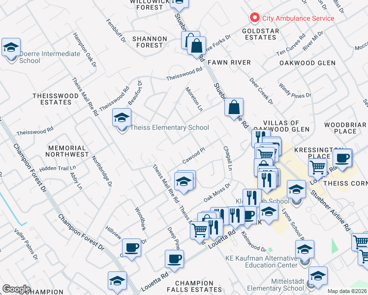 map of restaurants, bars, coffee shops, grocery stores, and more near 7807 Wilton Park Drive in Spring