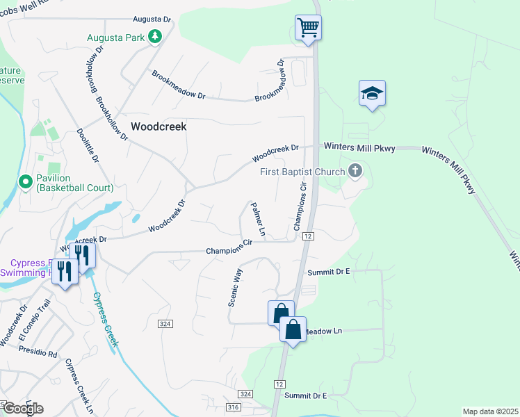 map of restaurants, bars, coffee shops, grocery stores, and more near 21 Palmer Lane in Wimberley