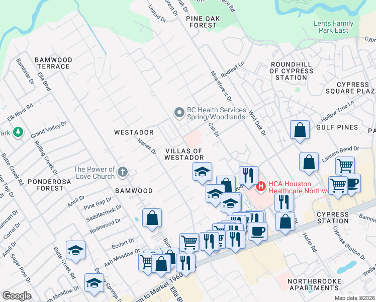 map of restaurants, bars, coffee shops, grocery stores, and more near 17401 Red Oak Drive in Houston