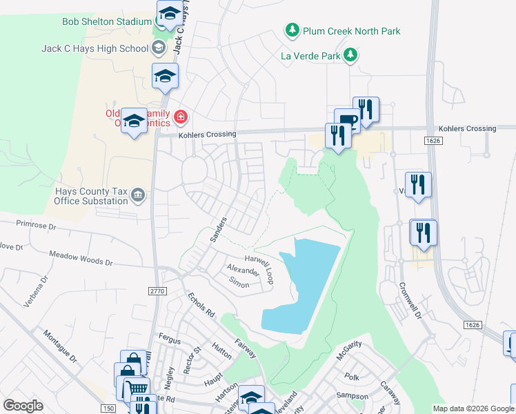 map of restaurants, bars, coffee shops, grocery stores, and more near 1238 Kirby in Kyle