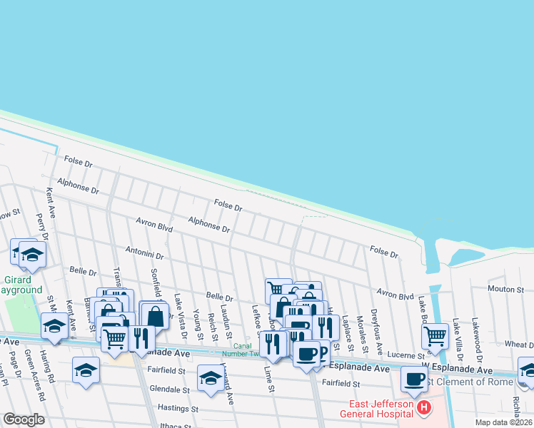 map of restaurants, bars, coffee shops, grocery stores, and more near 4705 Folse Drive in Metairie