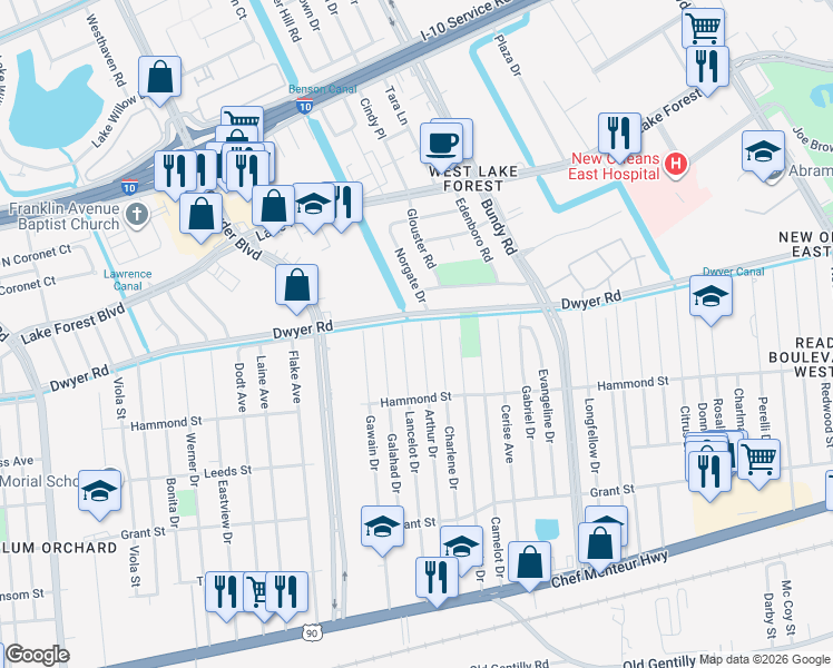 map of restaurants, bars, coffee shops, grocery stores, and more near 4934 Arthur Drive in New Orleans