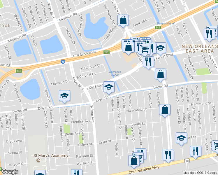map of restaurants, bars, coffee shops, grocery stores, and more near 5611 Samovar Drive in New Orleans