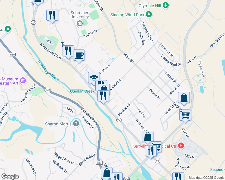 map of restaurants, bars, coffee shops, grocery stores, and more near 205 Meadow View Lane in Kerrville