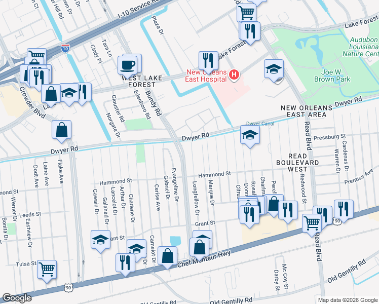 map of restaurants, bars, coffee shops, grocery stores, and more near 4918 Longfellow Drive in New Orleans