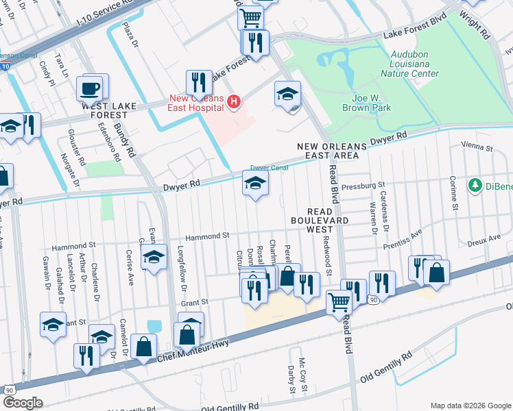 map of restaurants, bars, coffee shops, grocery stores, and more near 4861 Rosalia Drive in New Orleans