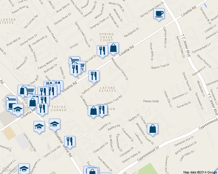 map of restaurants, bars, coffee shops, grocery stores, and more near 16626 Lafone Dr in Spring