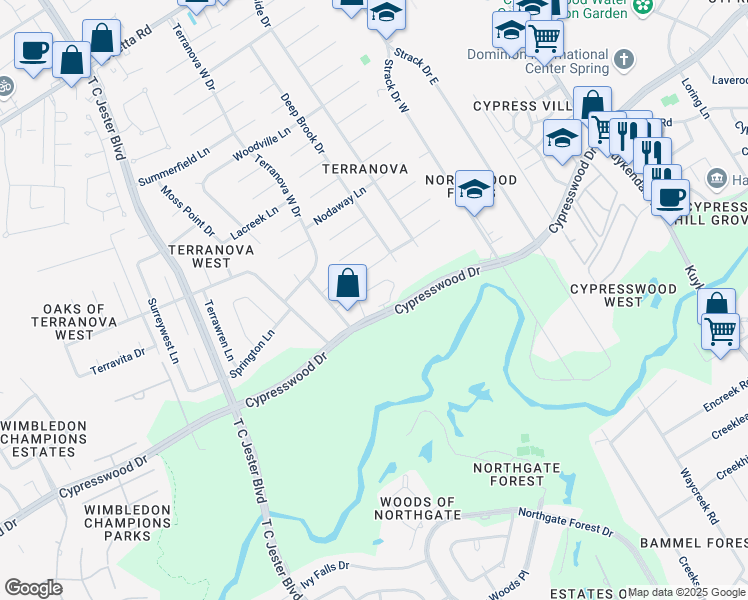 map of restaurants, bars, coffee shops, grocery stores, and more near 5600 Cypresswood Drive in Spring