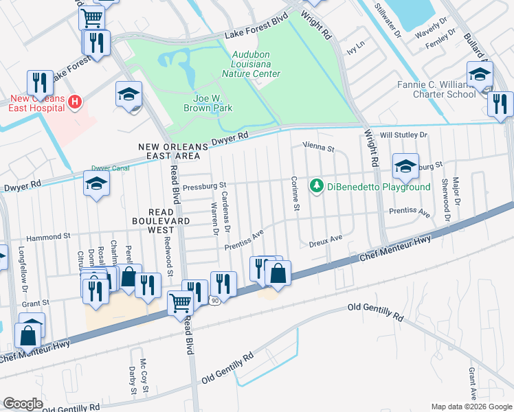 map of restaurants, bars, coffee shops, grocery stores, and more near 4835 Coronado Drive in New Orleans