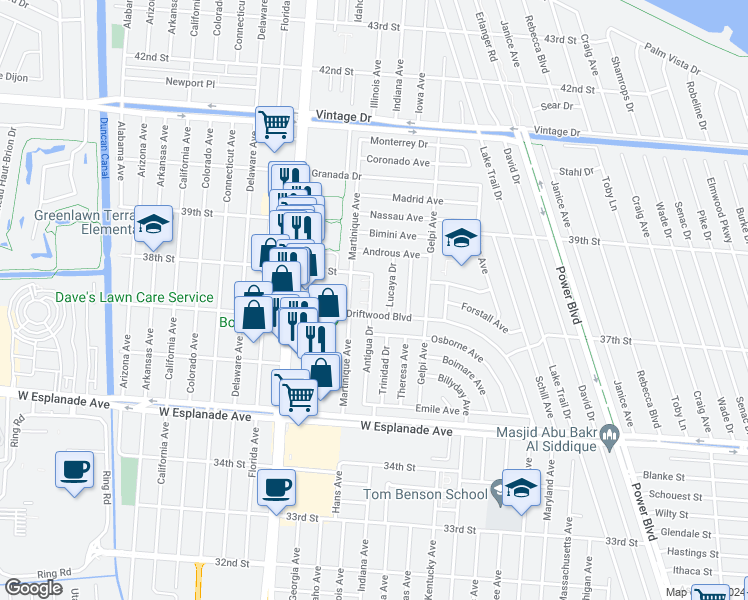 map of restaurants, bars, coffee shops, grocery stores, and more near 56 Antigua Drive in Kenner